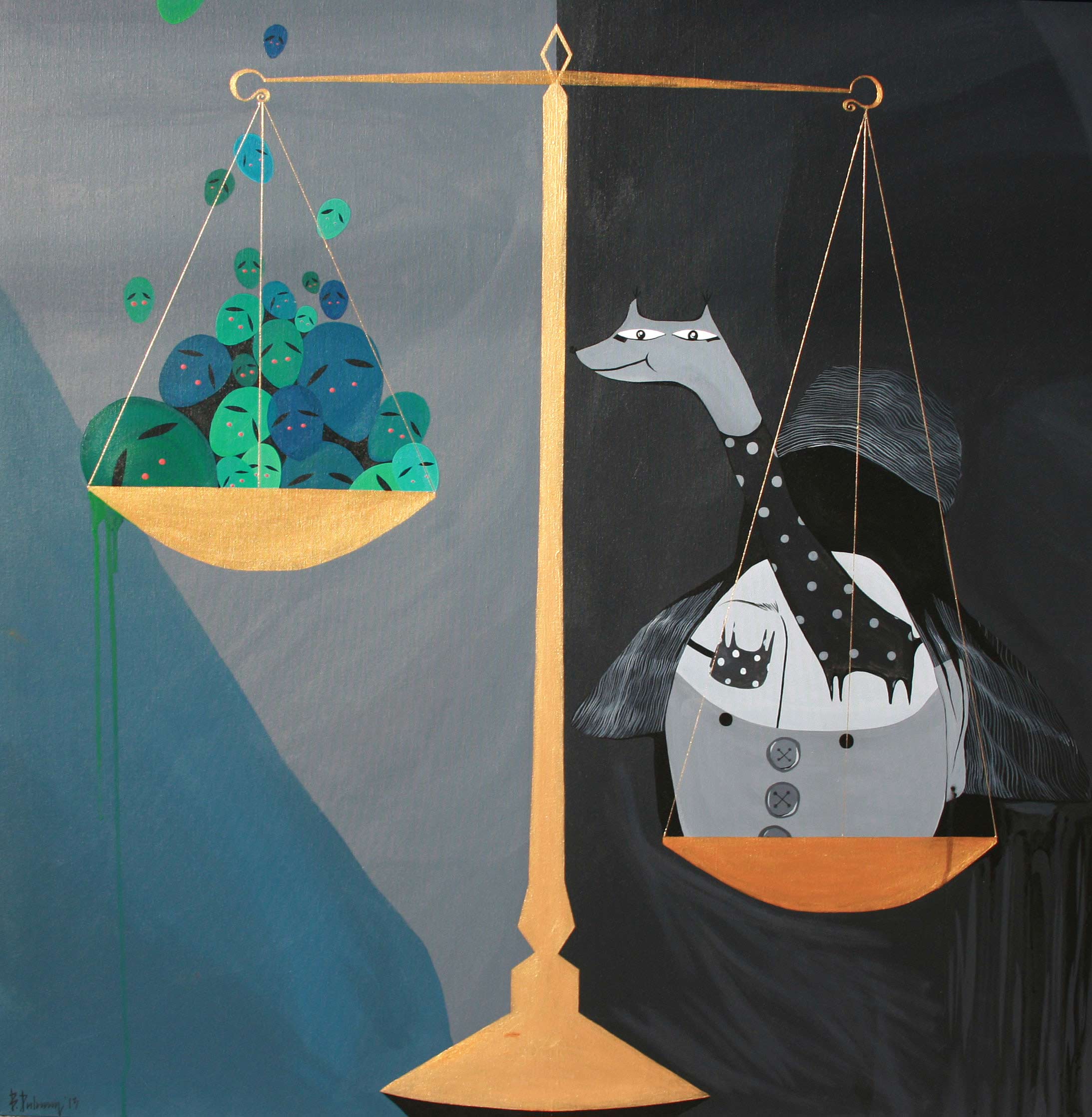 artista Dulguun - acrílico sobre lienzo 100x100 - representa la relatividad de las cosas - Título: Balance